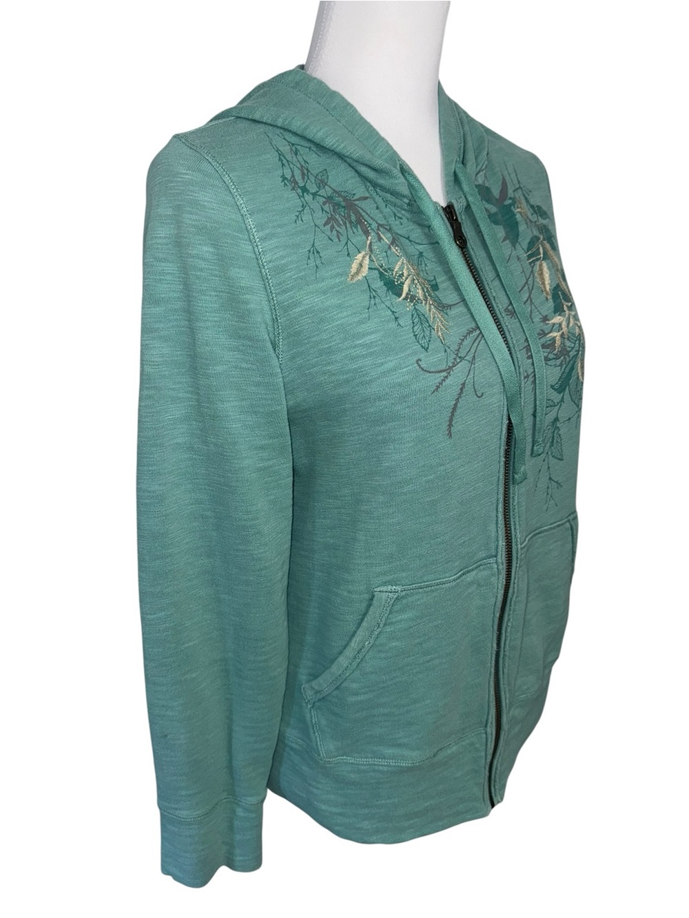 Eddie Bauer Women’s Medium Teal Full Zip Hoodie Embroidered Floral 100% Cotton - Picture 3 of 9